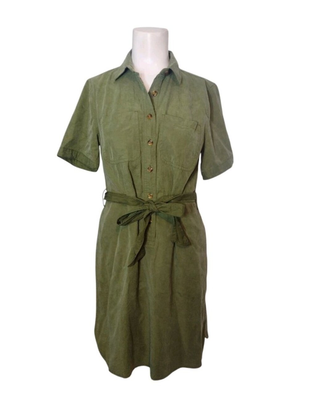 J Crew Utility Shirt Dress 4 Army Green Belted Pockets Military Tortoise Buttons